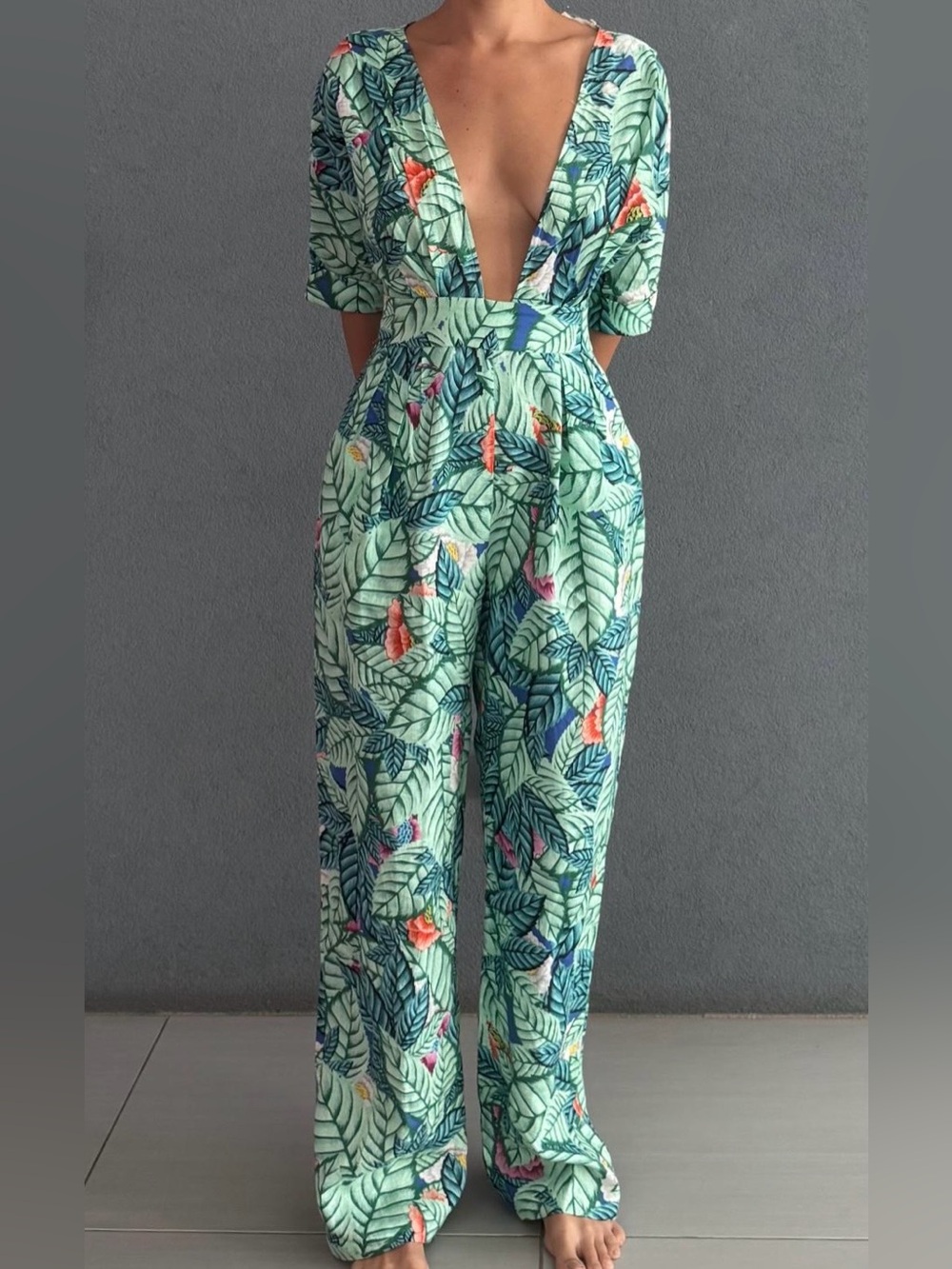 Mara Hoffman Mint Green Tropical Leaf Plunge V-Neck Jumpsuit